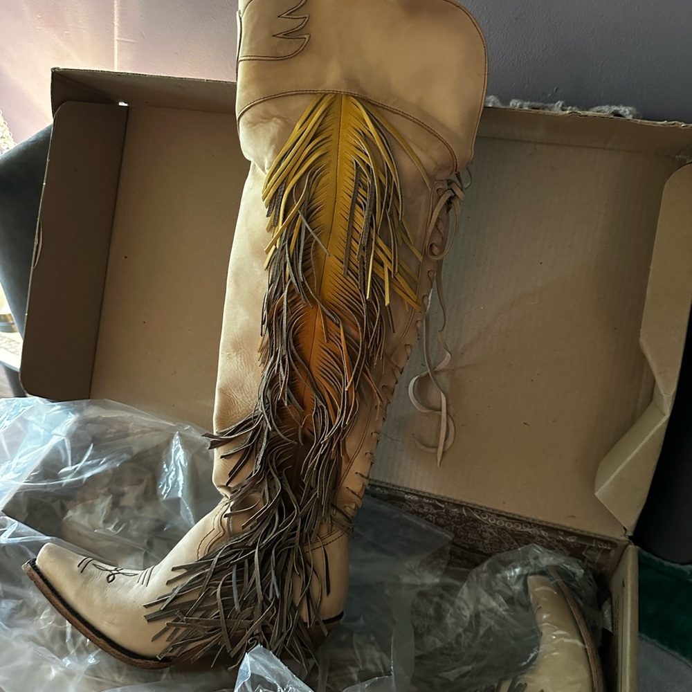 Light Tan Leather Over the Knee Boots with Fringe